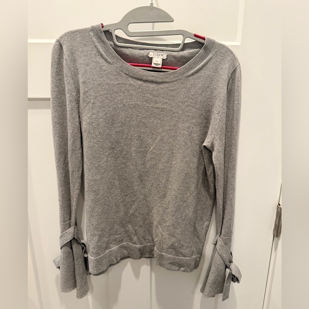 J.Crew Gray Cotton Sweater XS | Tie Sleeve Bow Cuff Crewneck